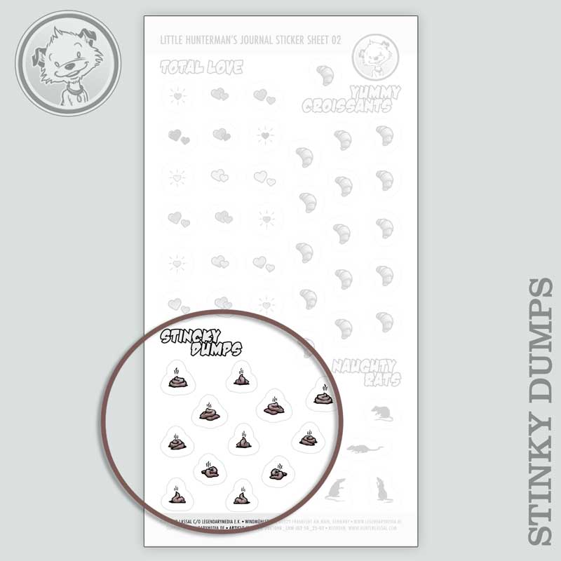 Little Hunterman's Quick Wee and Big Dump Journal Companion Sticker Sheets 01+02 with a highlight on the Stinky Dumps stickers