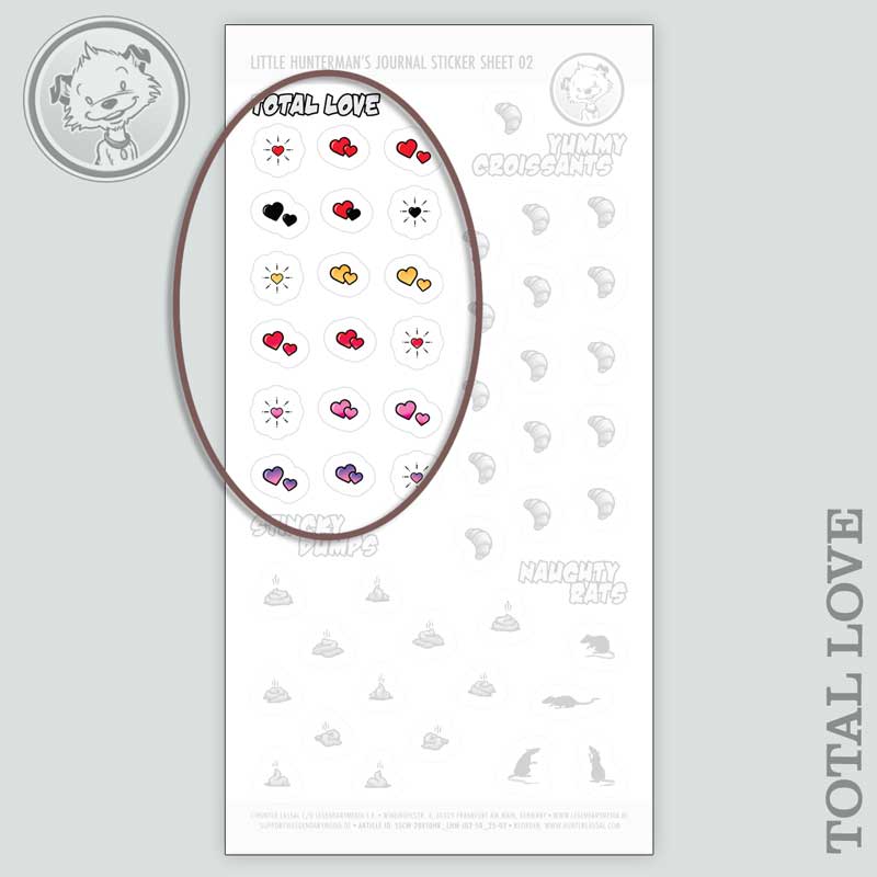Little Hunterman's Quick Wee and Big Dump Journal Companion Sticker Sheets 01+02 with a highlight on the Total Love stickers