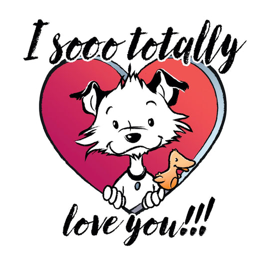 Front of square Little Hunterman card showing him and Flynn looking out of a big red heart with large text saying: I sooo totally love you!!!