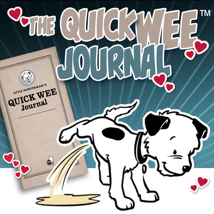 Illustration of a dog weeing on a 'Quick Wee Journal' with cartoon hearts around.