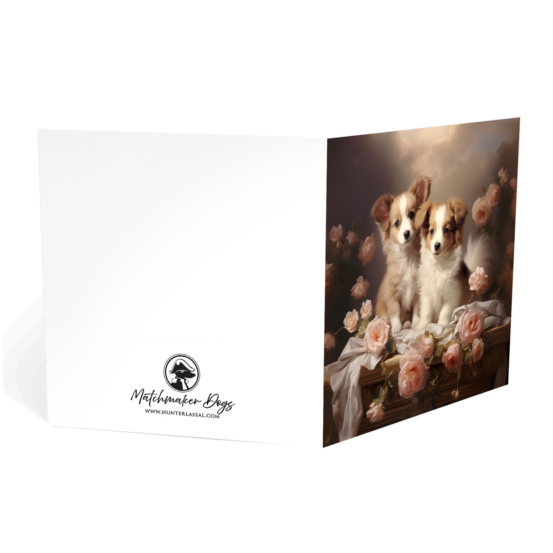 One of Flynn's 'Matchmaker Dog' greeting card designs. Each card comes with an envelope. Detail.