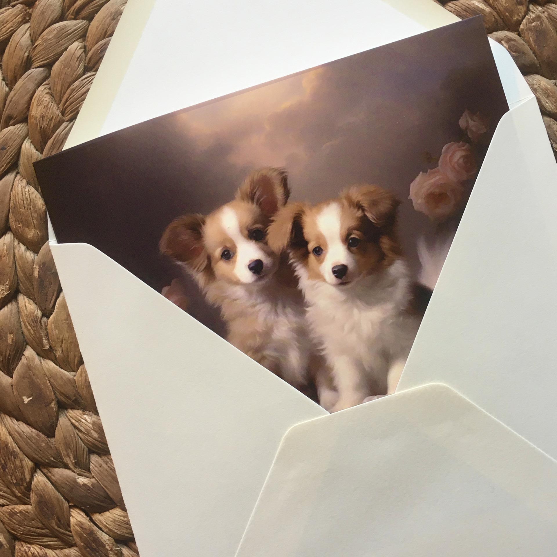 One of Flynn's 'Matchmaker Dog' greeting card designs. Each card comes with an envelope. Detail.