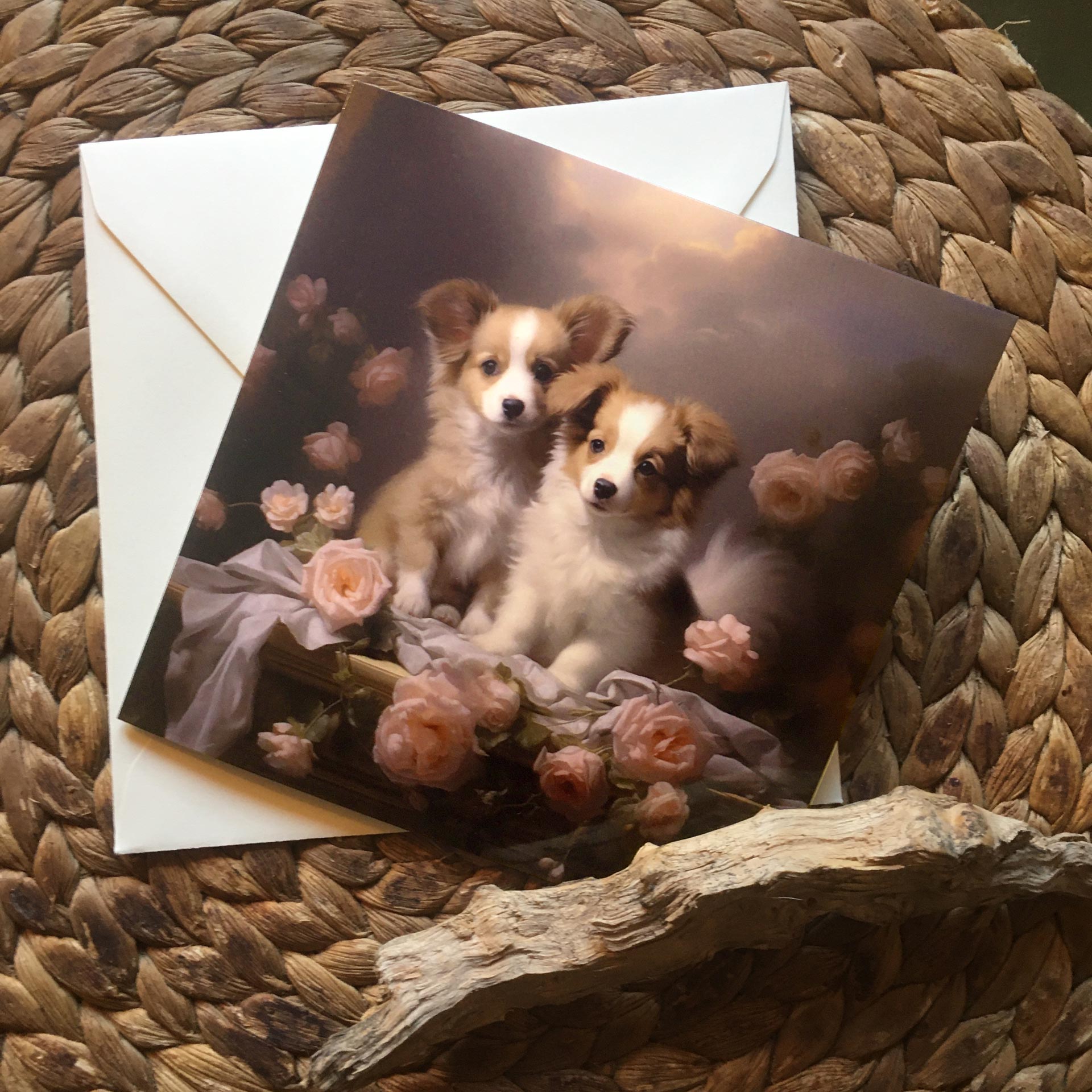 One of Flynn's 'Matchmaker Dog' greeting card designs. Each card comes with an envelope. Detail.