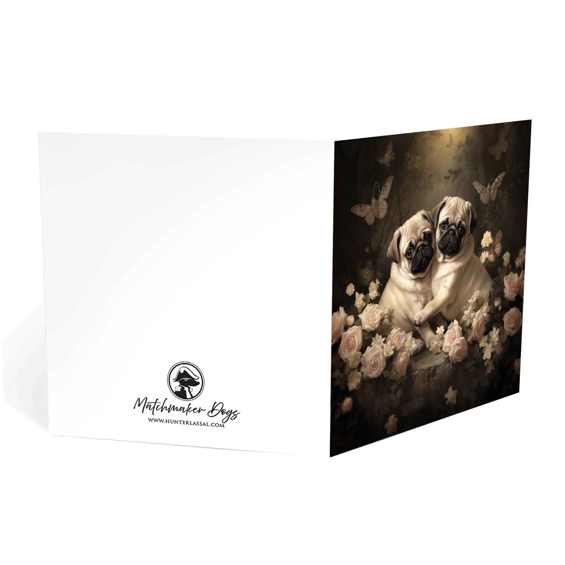 One of Flynn's 'Matchmaker Dog' greeting card designs. Each card comes with an envelope. Detail.