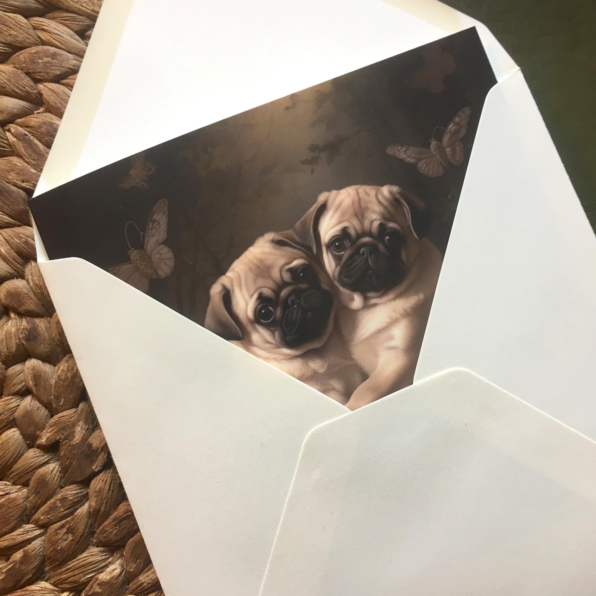 One of Flynn's 'Matchmaker Dog' greeting card designs. Each card comes with an envelope. Detail.