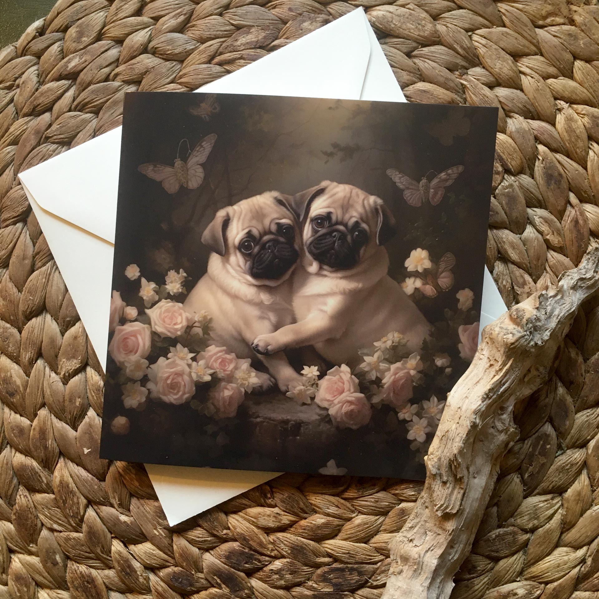 One of Flynn's 'Matchmaker Dog' greeting card designs. Each card comes with an envelope. Detail.
