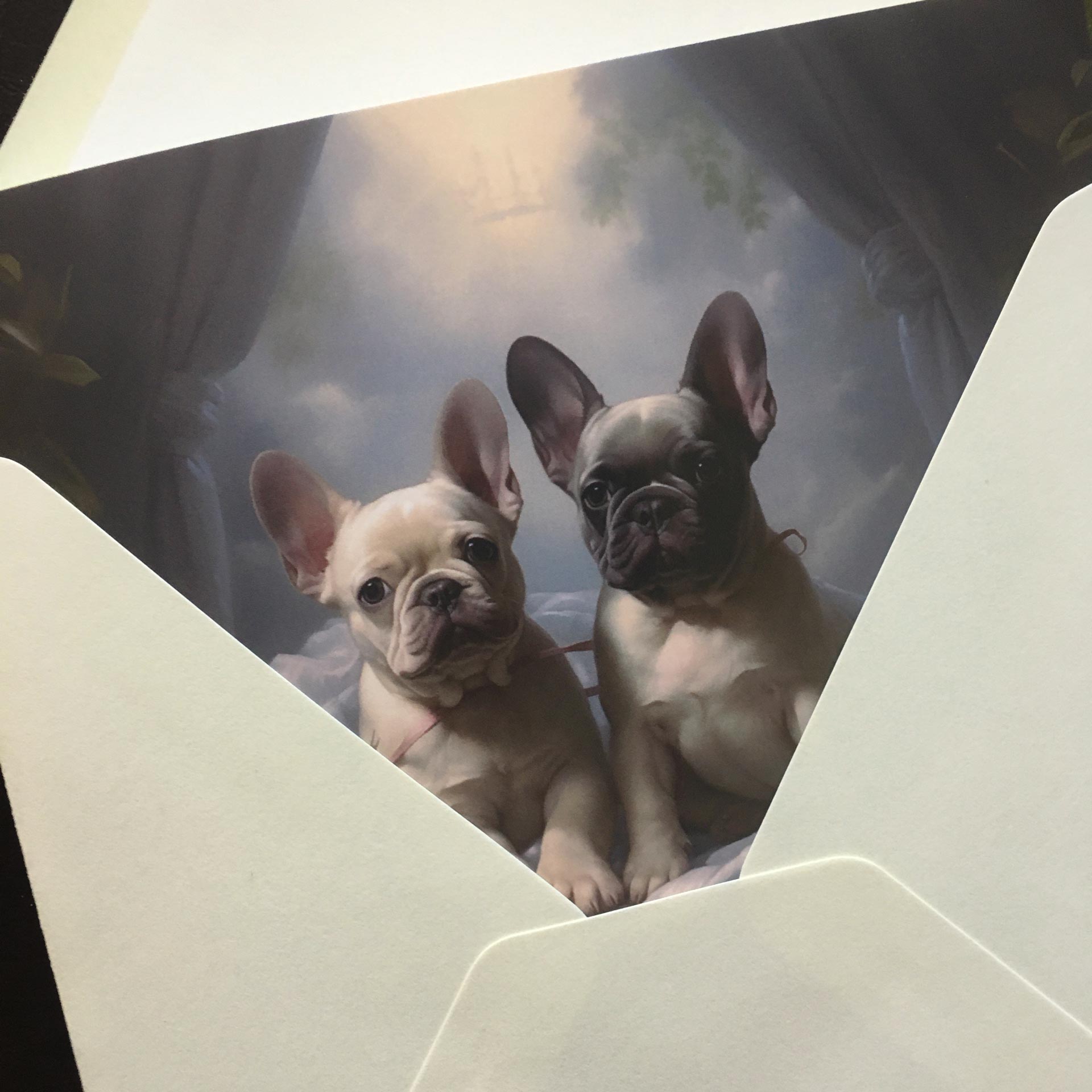 One of Flynn's 'Matchmaker Dog' greeting card designs. Each card comes with an envelope. Detail.