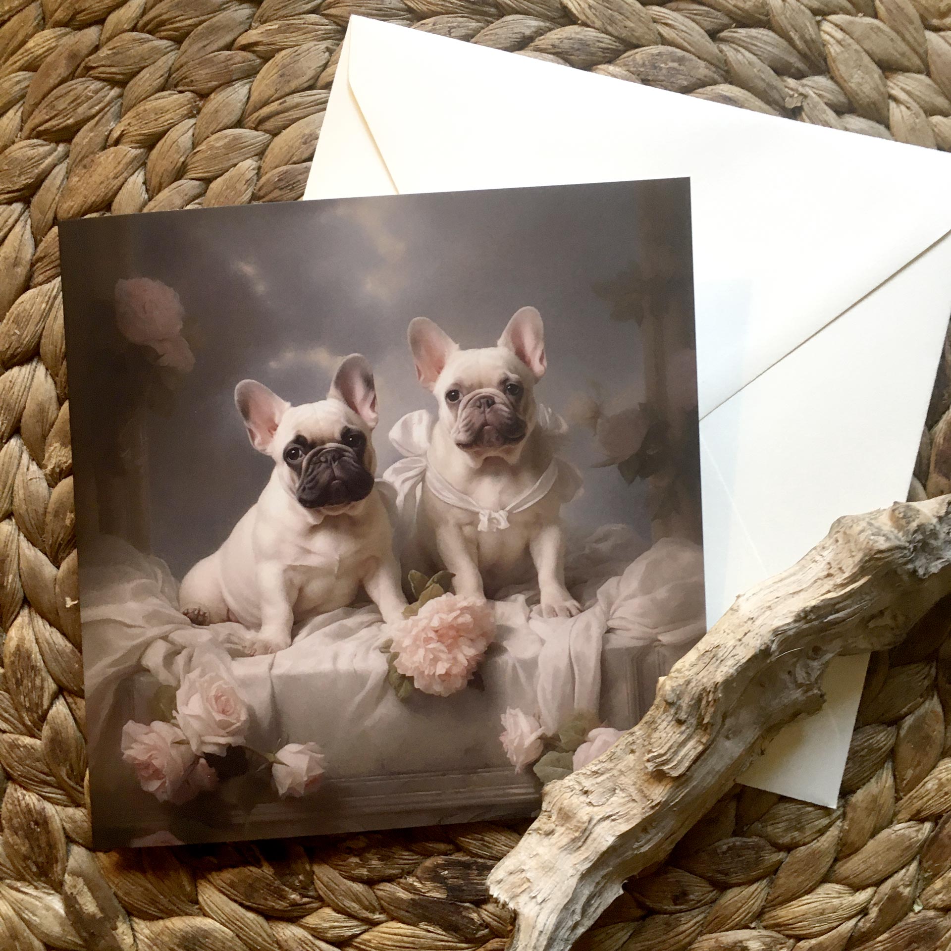 One of Flynn's 'Matchmaker Dog' greeting card designs. Each card comes with an envelope. Detail.