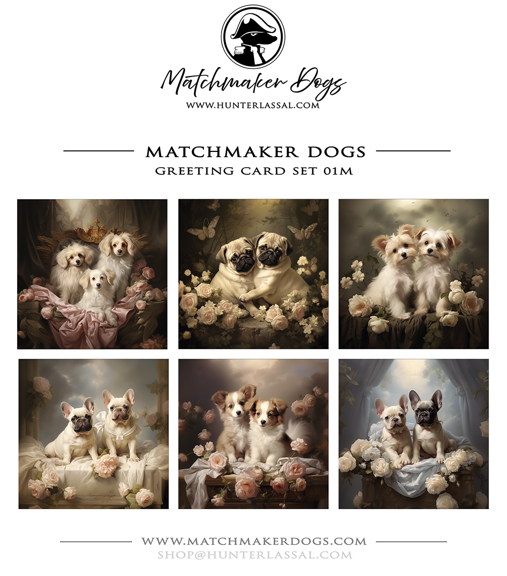This product includes six different "Matchmaker Dogs" greeting cards from the Matchmaker Dogs design set. It includes 16x16cm envelopes for each card.