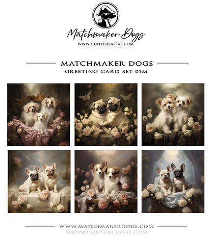 This product includes six different "Matchmaker Dogs" greeting cards from the Matchmaker Dogs design set. It includes 16x16cm envelopes for each card.