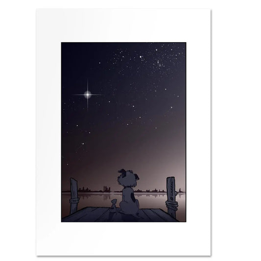 Little Hunterman mourns after a loved one yet finds the guiding light of a new bright star in the process (A6 greeting card cover image)