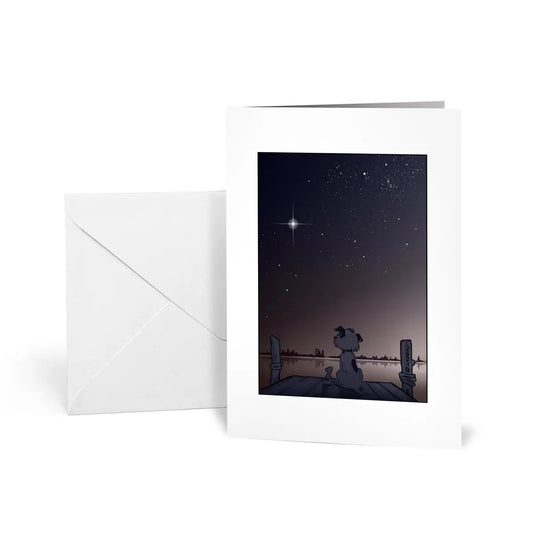 Whenever Little Hunterman mourns the loss of a loved one It hurts quite badly. Yet, in the process, whenever he manages to look up, he finds comfort in the bright light of a new and beautiful "Mourning Star" (A6 greeting card with envelope, standing)