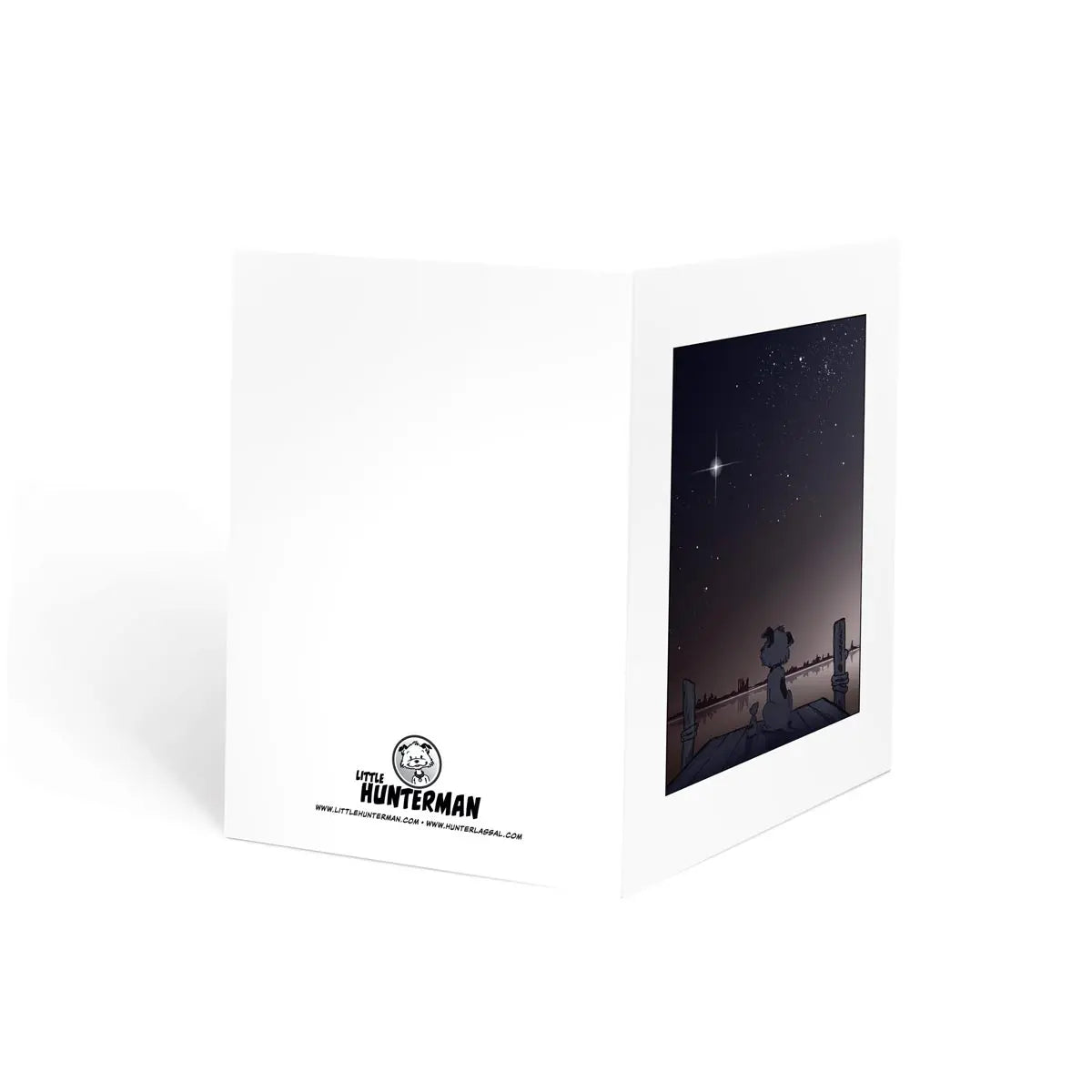 Whenever Little Hunterman mourns the loss of a loved one It hurts quite badly. Yet, in the process, whenever he manages to look up, he finds comfort in the bright light of a new and beautiful "Mourning Star" (A6 greeting card, open, outside pages, standing)