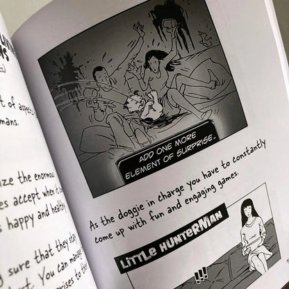 The Big World According to Little Hunterman by Hunter Lassal is a premium edition hardcover with black-and-white illustrations on white, coated paper. This image shows an open book against a light background, giving you an impression of this fun dog memoir's layout and illustration style.