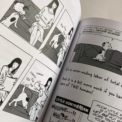 The Big World According to Little Hunterman by Hunter Lassal is a premium edition hardcover with black-and-white illustrations on white, coated paper. This image shows an open book against a light background, giving you an impression of this fun dog memoir's layout and illustration style.