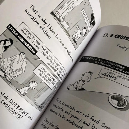The Big World According to Little Hunterman by Hunter Lassal is a premium edition hardcover with black-and-white illustrations on white, coated paper. This image shows an open book against a light background, giving you an impression of this fun dog memoir's layout and illustration style.