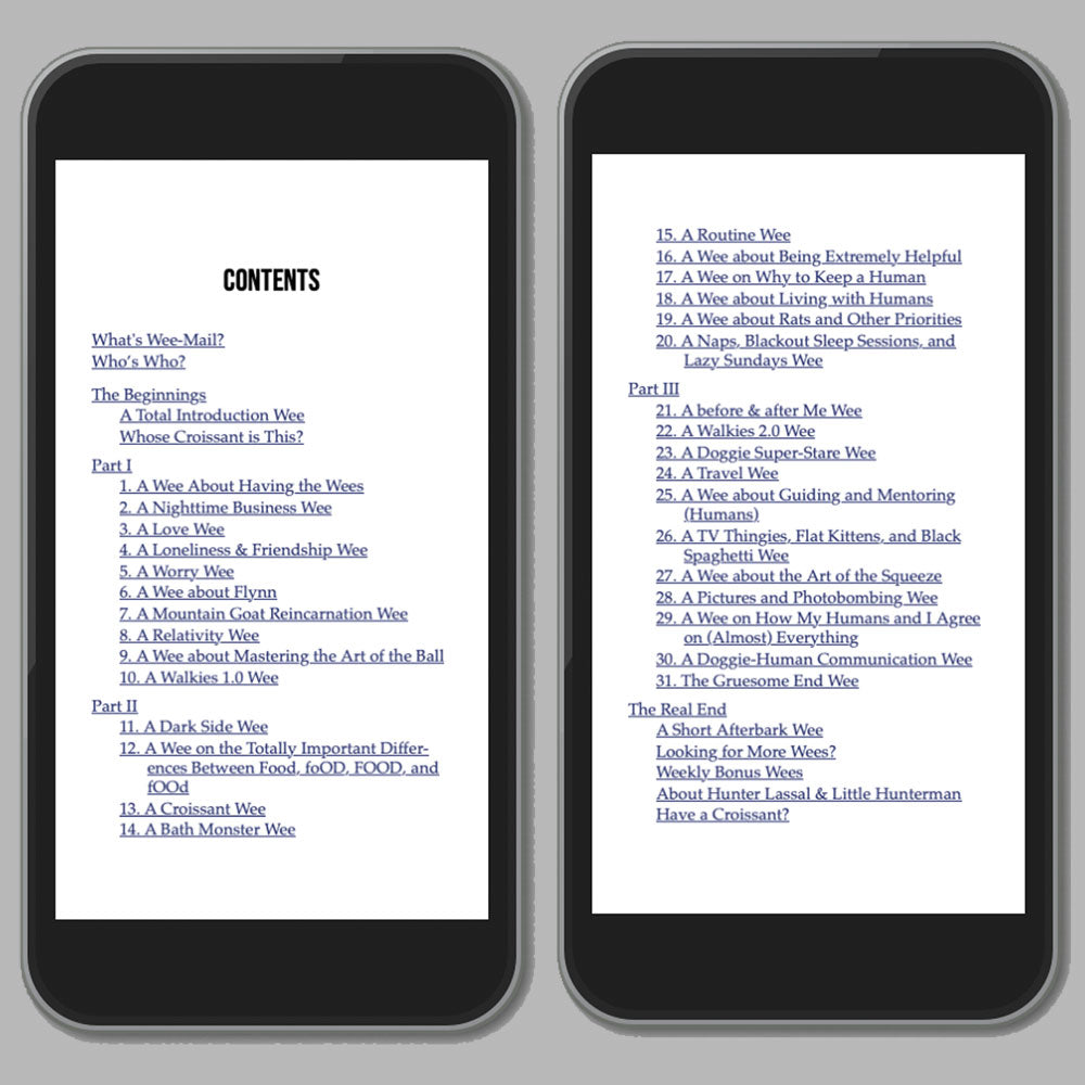 Two screenshots of a smartphone on neutral background showing the contents file of The Big World According to Little Hunterman, version 8.