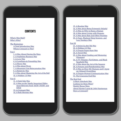 Two screenshots of a smartphone on neutral background showing the contents file of The Big World According to Little Hunterman, version 8.
