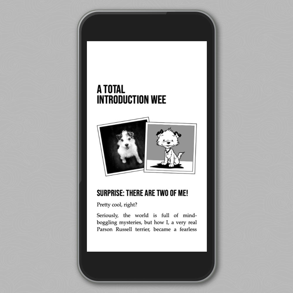 One screenshot of a smartphone on neutral background showing the first page of "A Total Introduction Wee" of The Big World According to Little Hunterman, version 8.