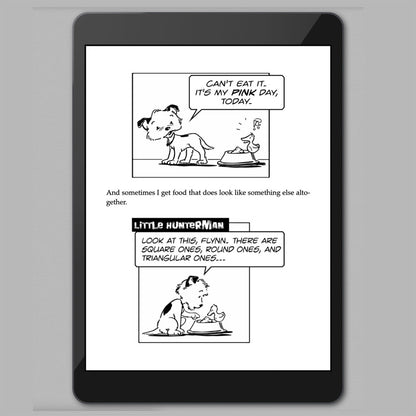One screenshot of a tablet on a neutral background showing a page of a chapter about food in "The Big World According to Little Hunterman", version 8. 