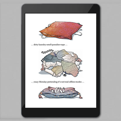 One screenshot of a tablet on a neutral background showing a page of a chapter about dog naps in "The Big World According to Little Hunterman", version 8. 