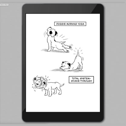 One screenshot of a tablet on a neutral background showing a page of a chapter about the importance of dog routines in "The Big World According to Little Hunterman", version 8. 