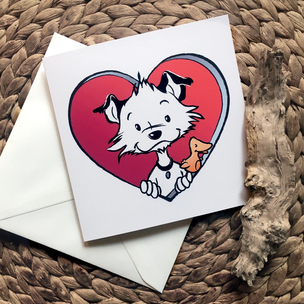 Little Hunterman So Totally Loves You:  Greeting Card Design Card Set #LHM001 - folded card with envelope on table