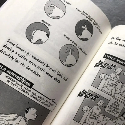 The Big World According to Little Hunterman by Hunter Lassal, retailer version with black and white illustrations and creme colored paper. This image shows an open book on a table giving you a look inside on the illustrated content pages.