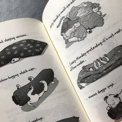 The Big World According to Little Hunterman, retailer version hardcover with black and white illustrations and creme colored paper. This images shows an open book on a table giving you a glimpse of the illustrated content pages.
